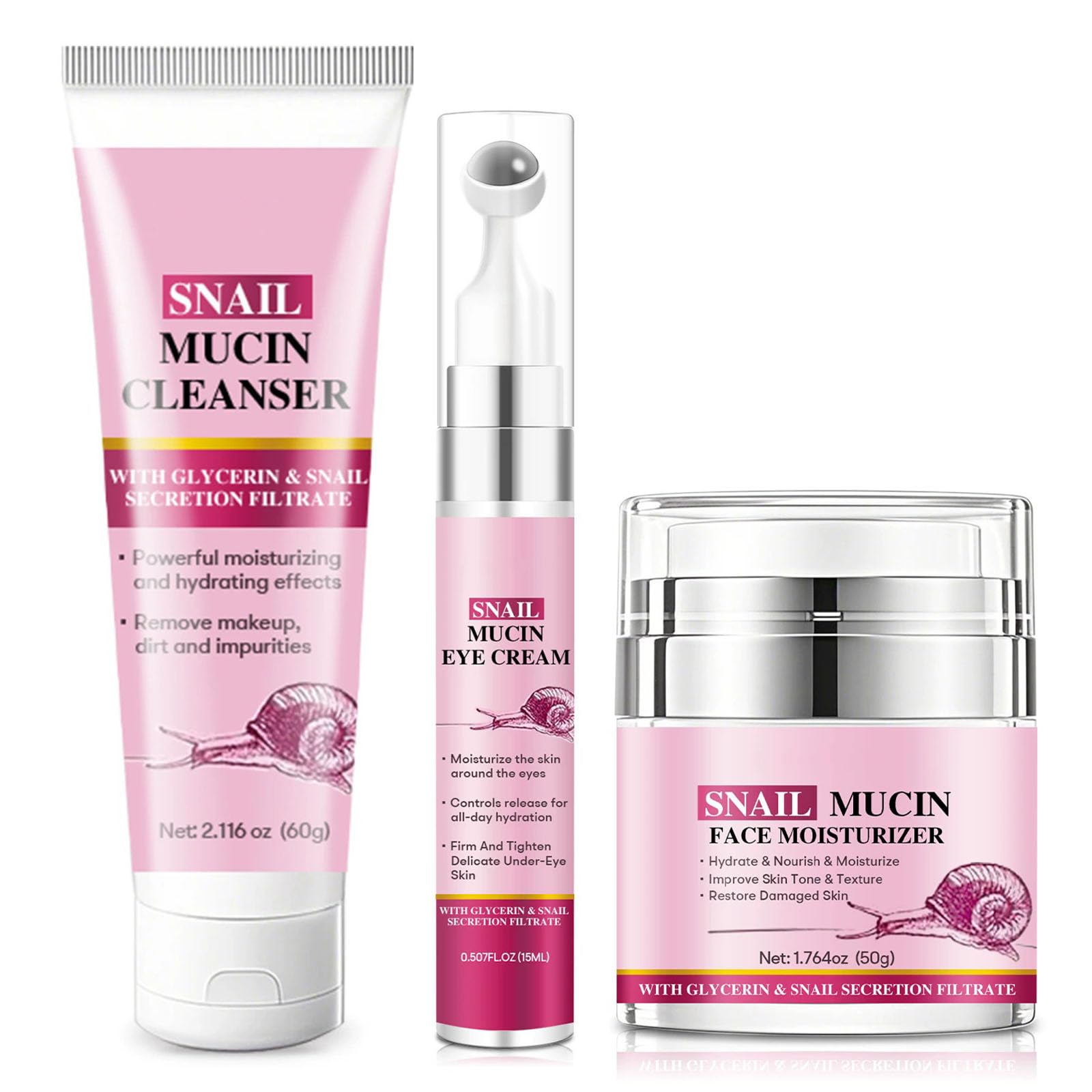 Snail Mucin Skincare Set,3 Pcs Cleanser, Eye Cream, Face Cream, - Product Imagery