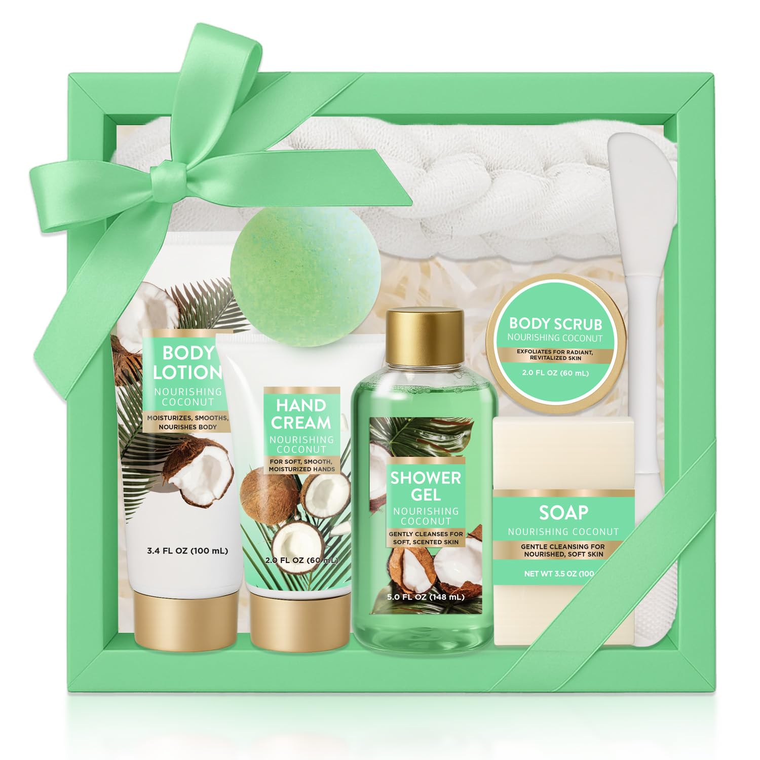 Spa Gift for Women, 8 Piece Luxury Coconut Bath Set with Bubble - Product Imagery