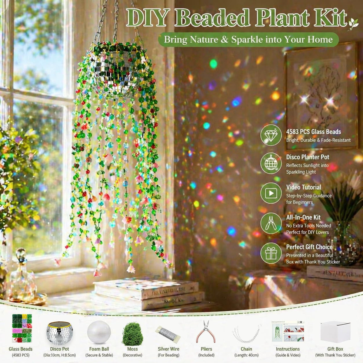 Beaded Plant Kit Green Glass Beads Flower Leaf Suncatcher - Juan's Moment Official Imagery - 4