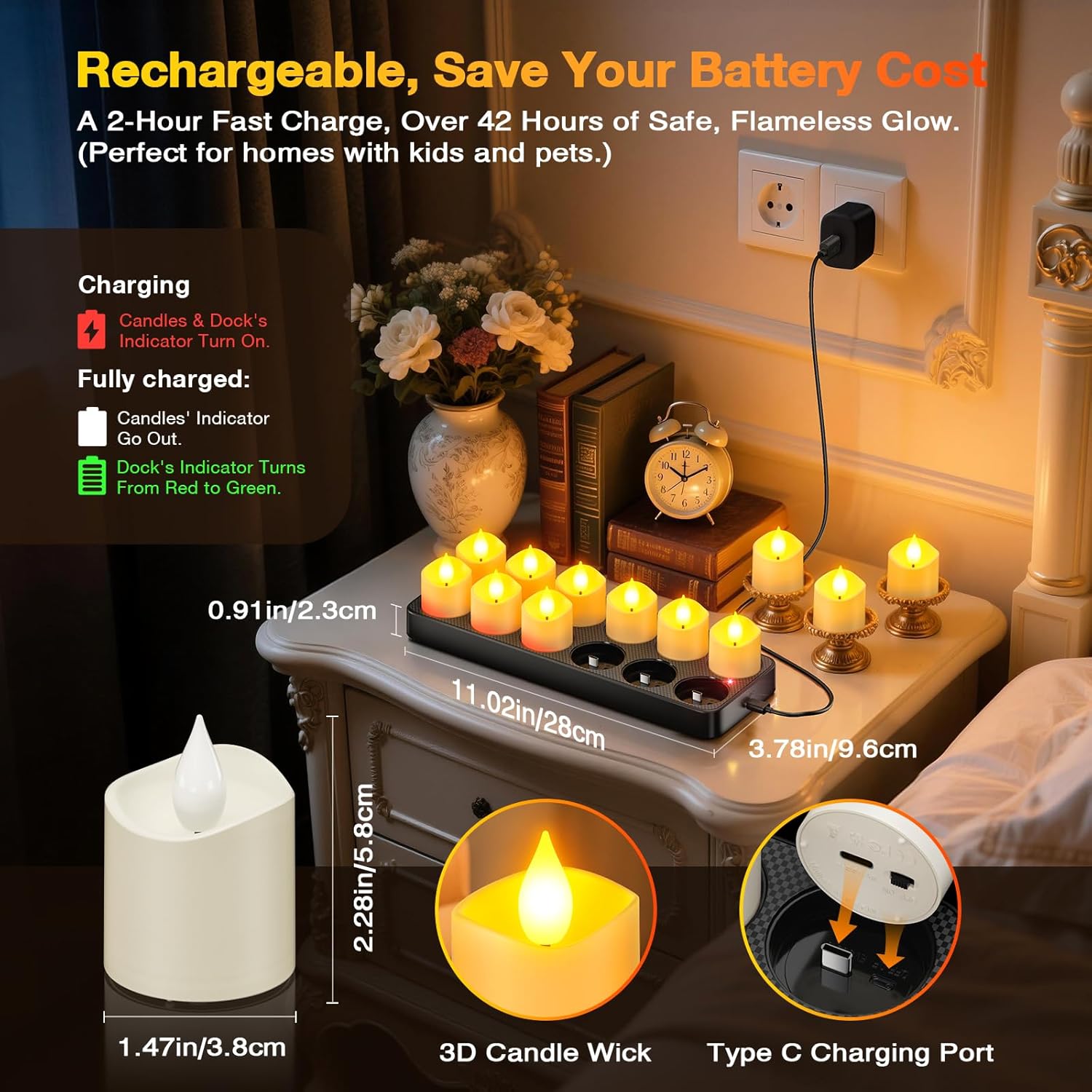 Yme rechargeable tea lights candles with charger and storage base, 12-pack, battery-operated decorative LED candles