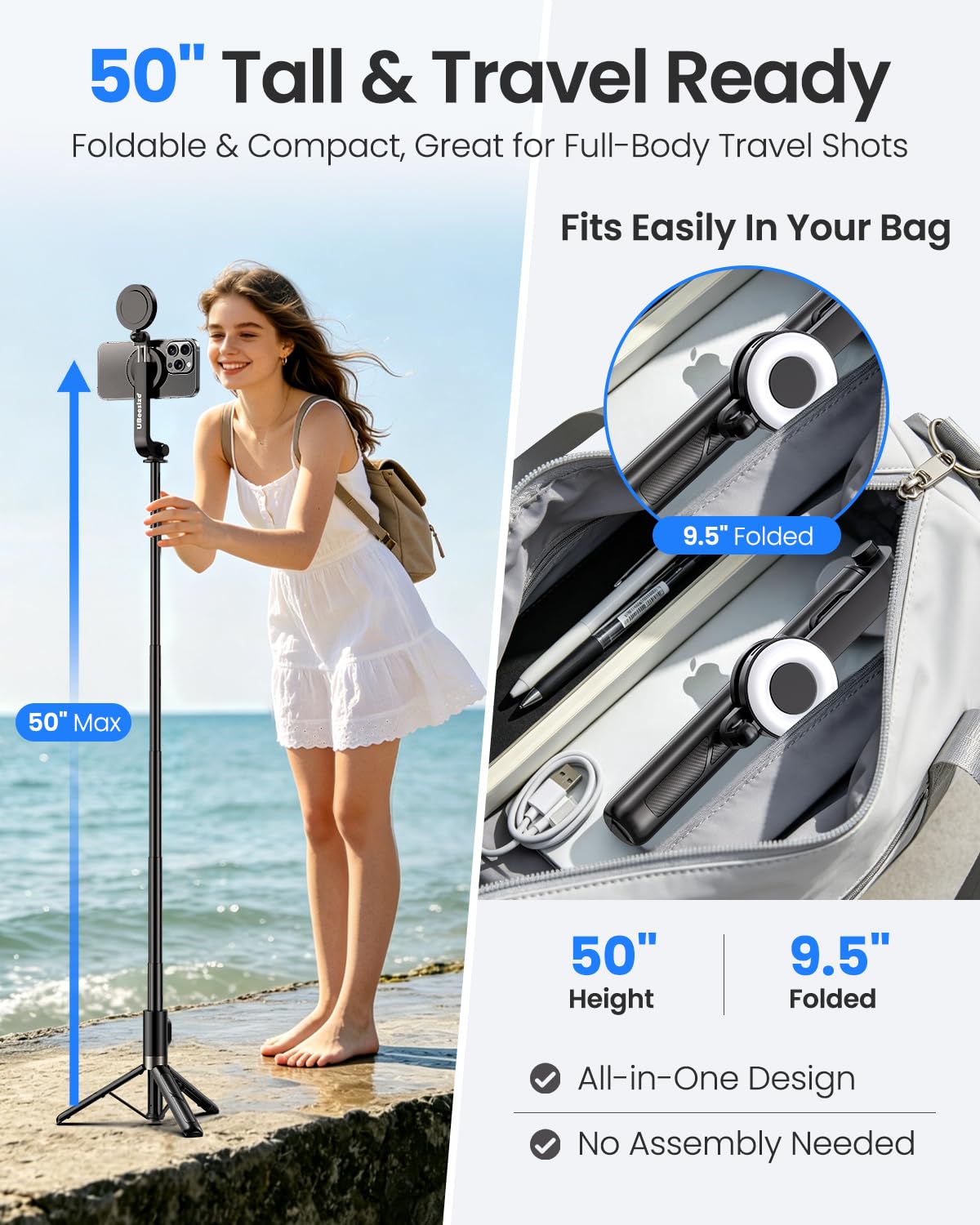 UBeesize Magnetic Selfie Stick Tripod with Dimmable Light - UBeesize Official Imagery - 5