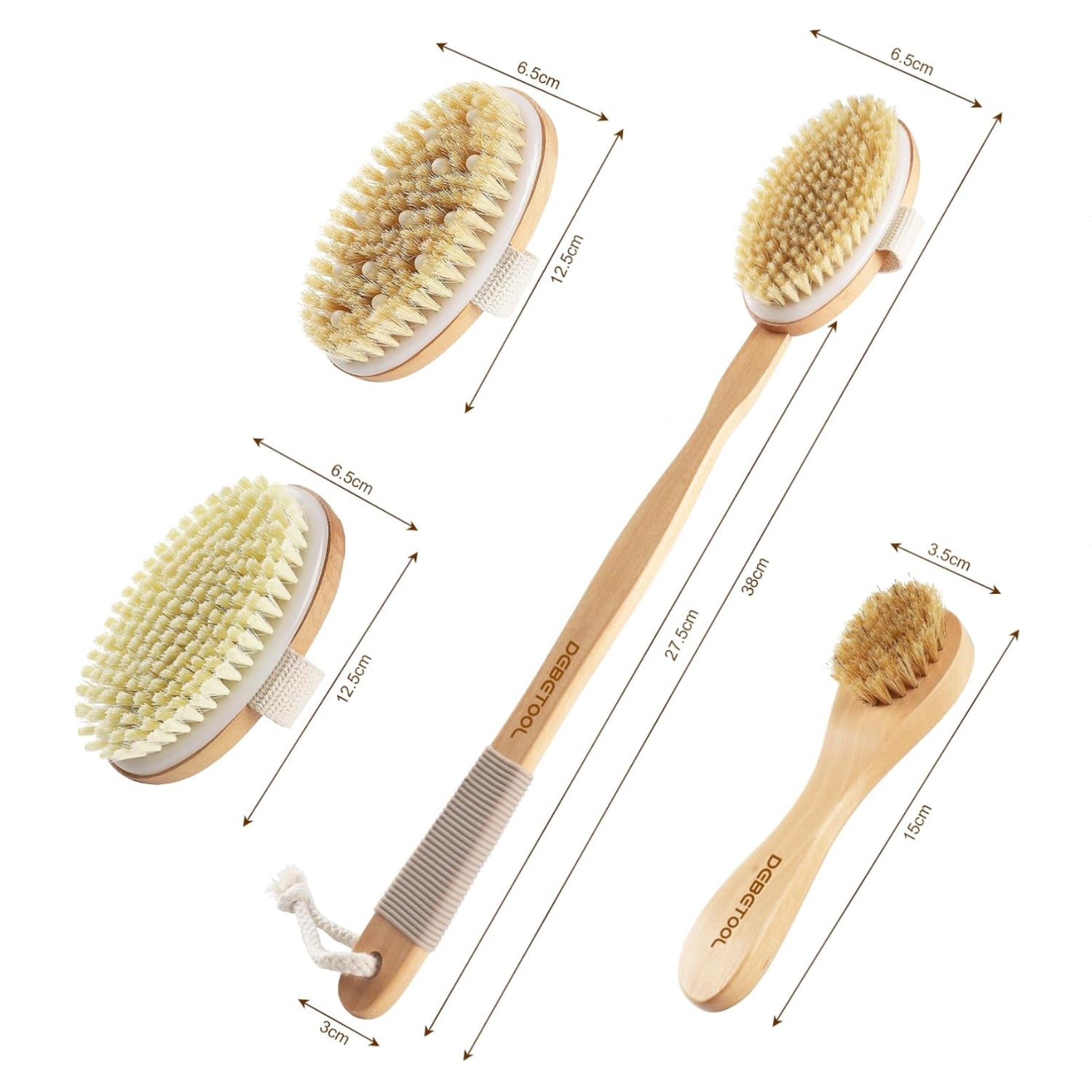 DEBETOOL dry brushing set with natural boar bristle body and face brush, wooden long handle scrub brush for exfoliation and skincare