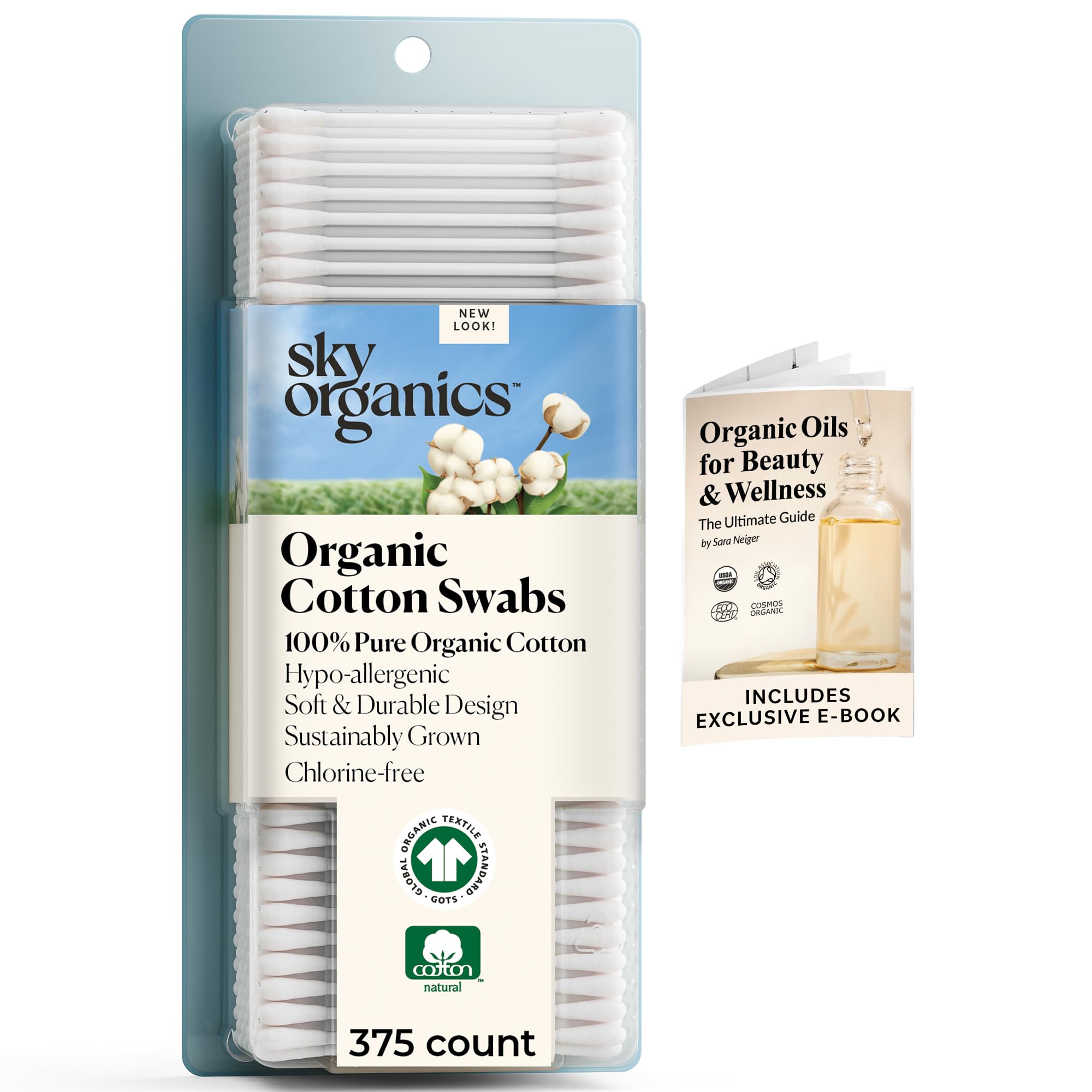 Sky Organics Organic Cotton Swabs 375 ct, 100% Pure, Natural, - Product Imagery