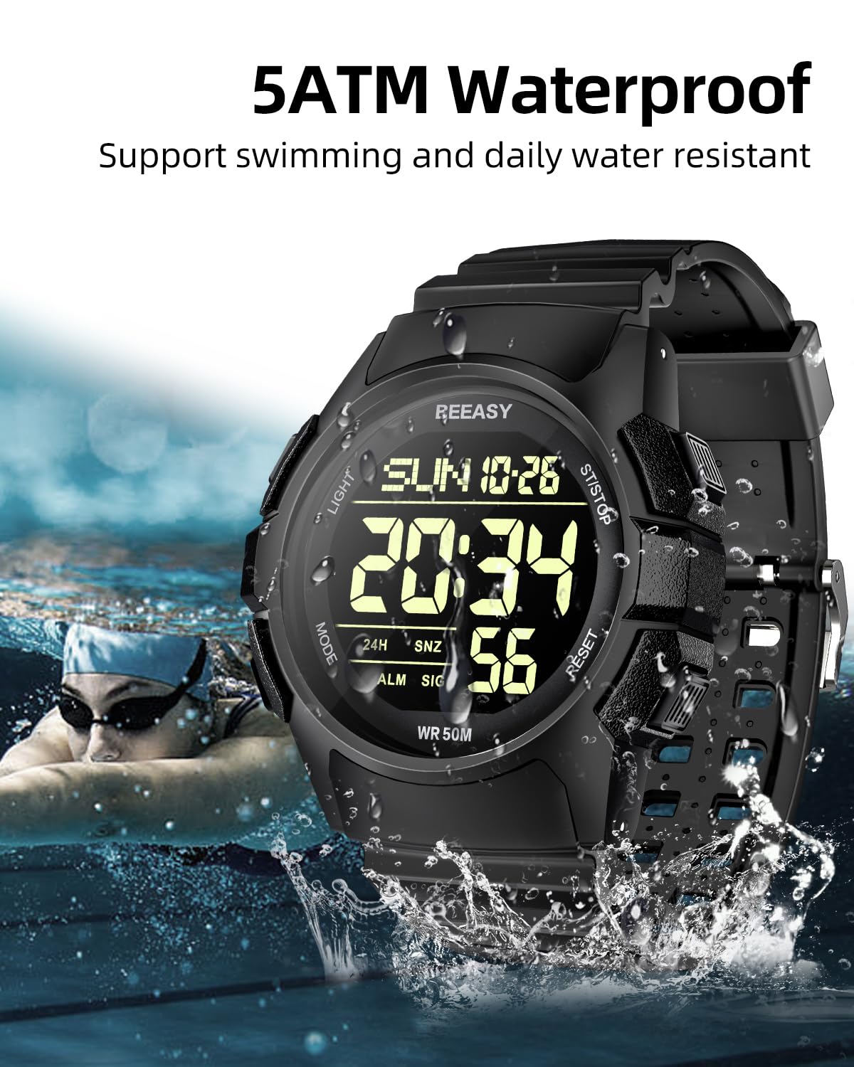 Beeasy Mens Digital Sports Watch 50M Waterproof 49mm Rubber - Beeasy Official Imagery - 4