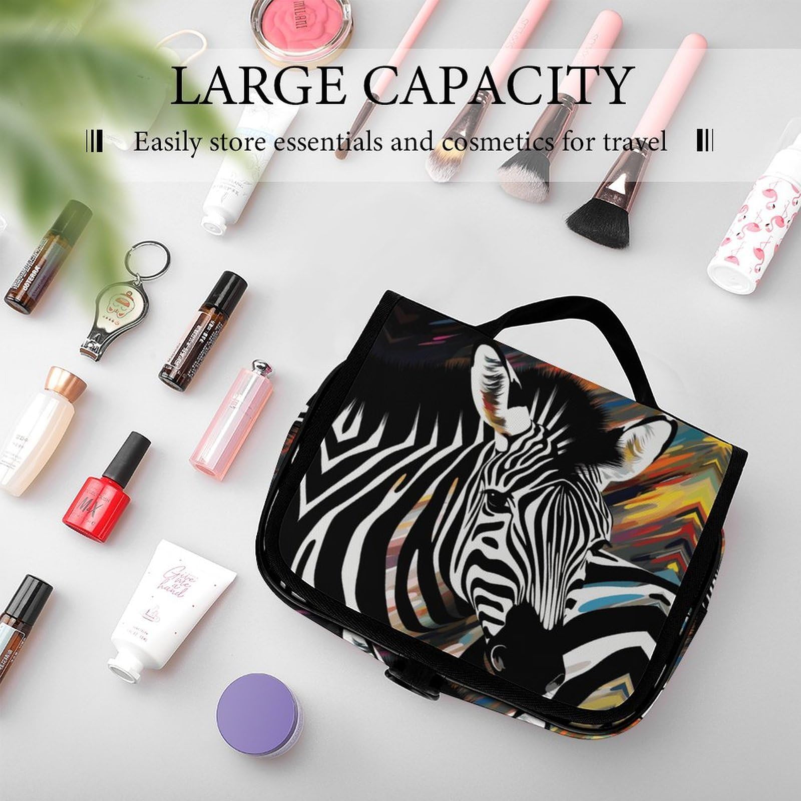 JTREHY abstract animal zebra hanging cosmetic case with multiple compartments, durable polyester, hook for travel and bathroom storage.