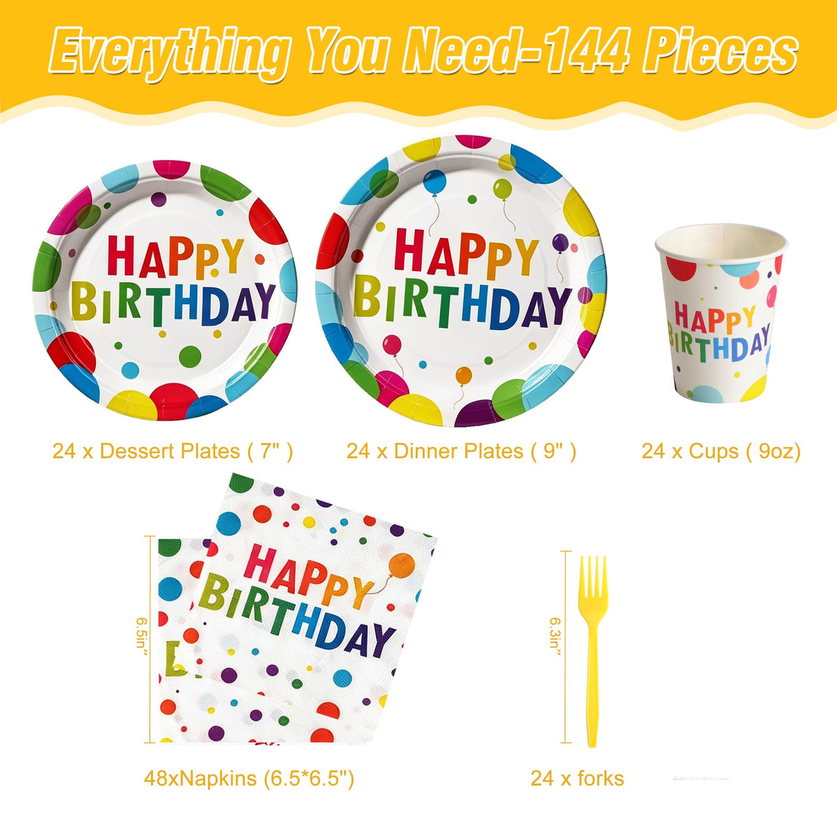 144 Pcs Birthday Party Tableware Set for 24 Guests Heavy - COSINIA Official Imagery - 3