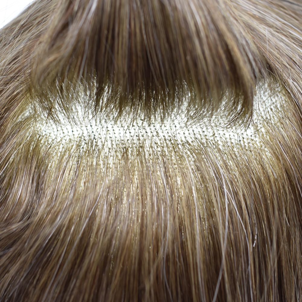 Curve Hair Mens Toupee Human Hair Piece Replacement System Monofilament Wig Hair Unit for Men Durable Poly Coated Mens Hairpiece (#520 Light-Med Brown+20% Gray, 8"X10")
