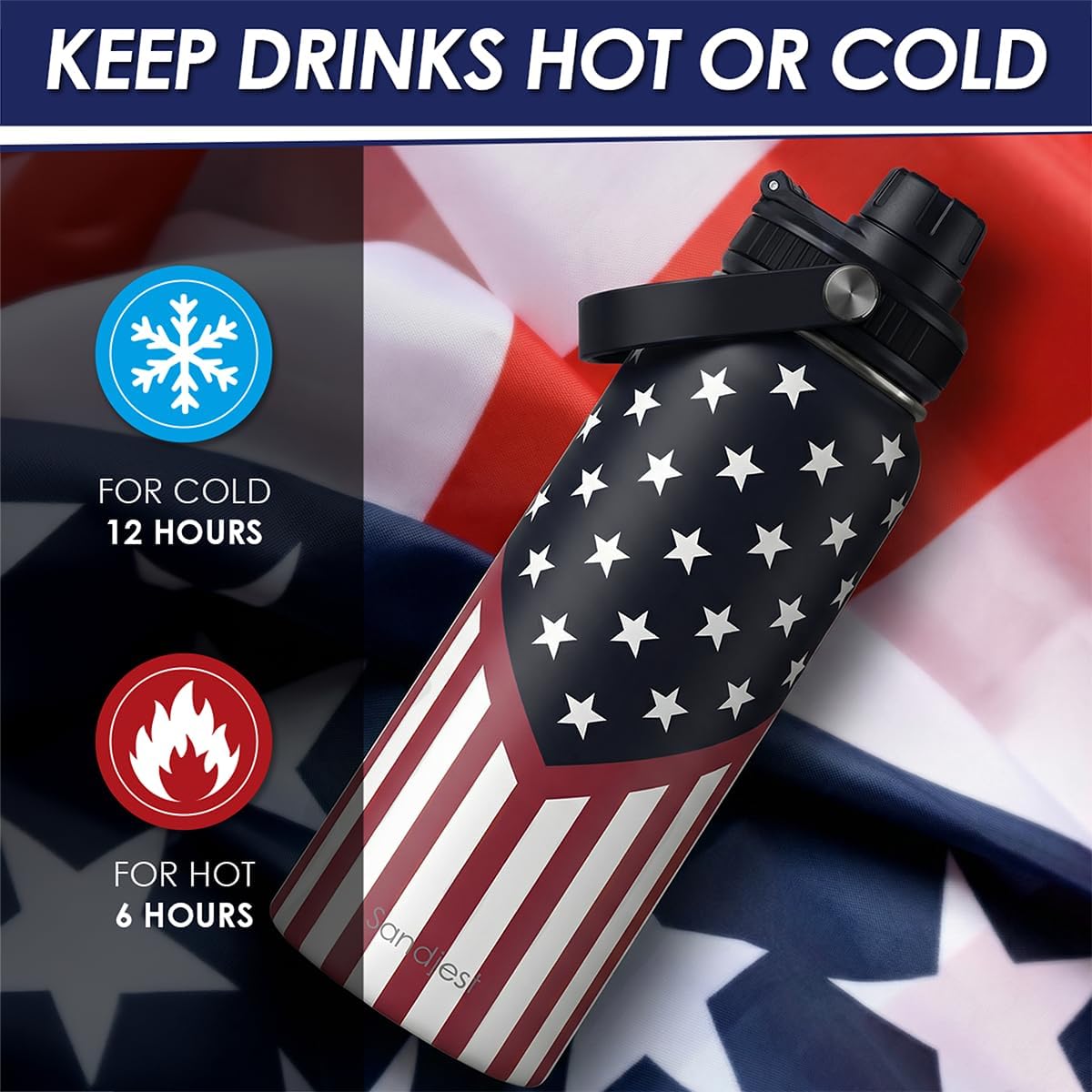 Sandjest American flag 32oz insulated stainless steel water bottle with vacuum chug lid, ideal for travel and hydration.