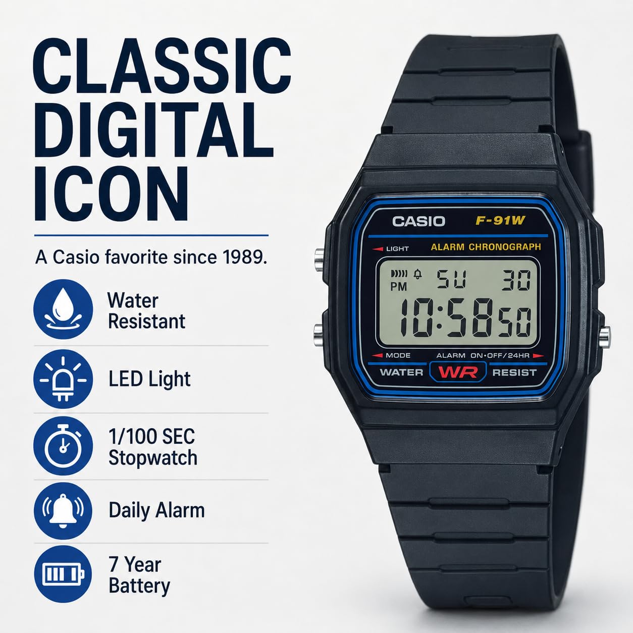 Casio F91W Series | Digital Watch | Water Resistant | LED Light | 1/10 - View 2