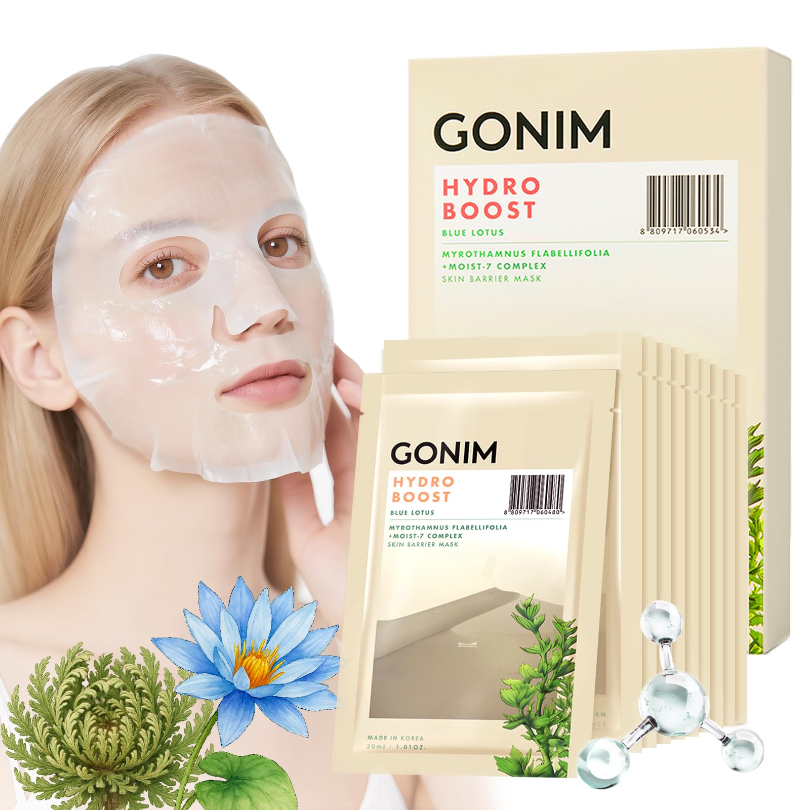 Korean Face Mask, Hydrating Face Mask Sheet with Hyaluronic Acid - GONIM