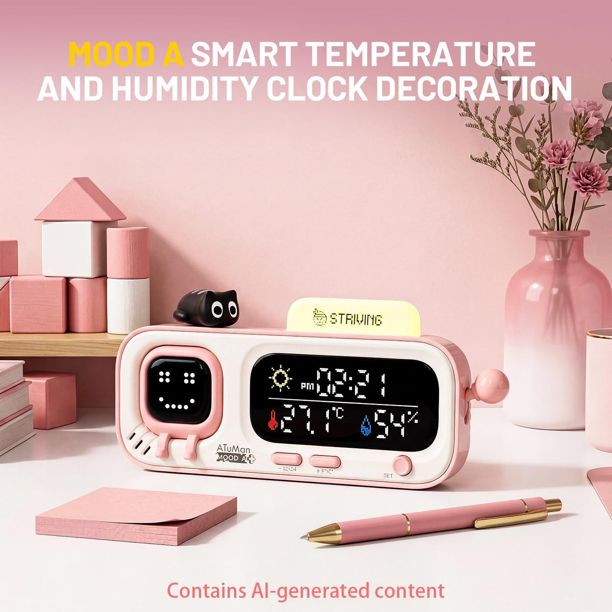 Mooda Smart Thermometer Hygrometer Clock with Retro Pixel - ATuMan Official Imagery - 3