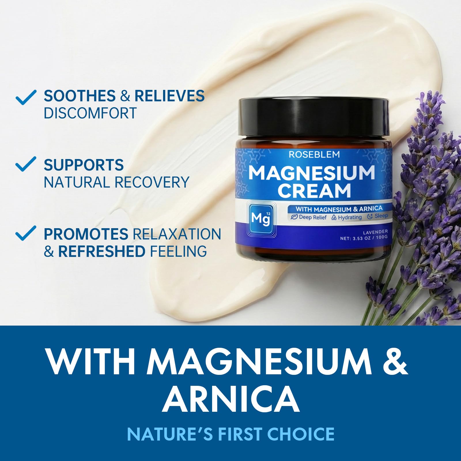 Roseblem magnesium cream with arnica and lavender for muscle relief, relaxation, and gentle moisturizing on sensitive skin.