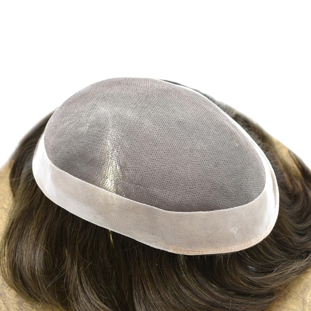 Curve Hair Mens Toupee Human Hair Piece Replacement System Monofilament Wig Hair Unit for Men Durable Poly Coated Mens Hairpiece (#620 Light Brown+20% Gray, 7"X10")