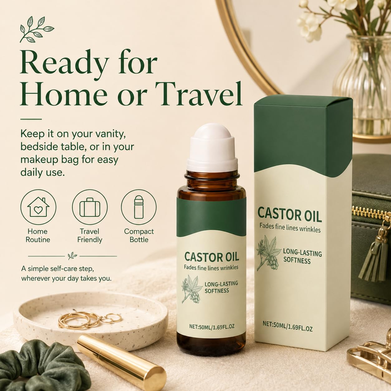 Nooche Organic Castor Oil Roll-on, Cold-Pressed Hexane-Free Castor Oil for Skin, Hair, Brows & Lashes, Fragrance-Free Moisturizing Oil for Body, Scalp & Daily Beauty Care