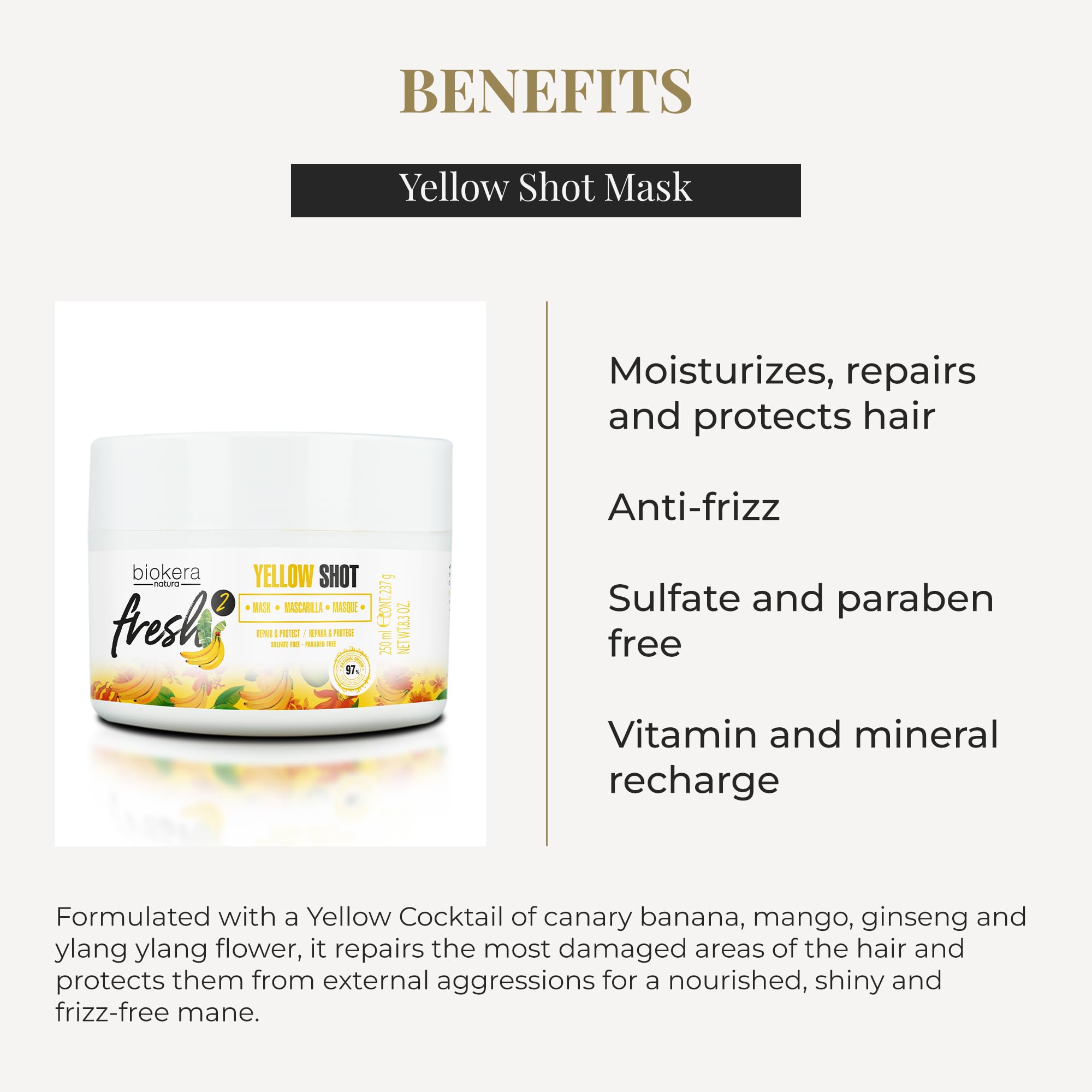 SALERM - Deep Repair Hair Mask - Biokera Fresh Yellow Shot Mask - 250 ml - Hydrates, Repairs, and Protects Hair - Anti-Frizz - Sulfate-Free and Paraben-Free