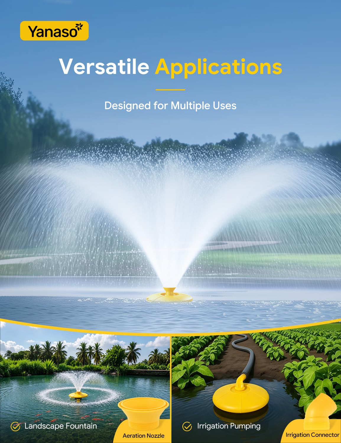YANASO 1HP Pond Fountain Aerator, 15000 GPH Floating Fountain Pum - YANASO Official Product View 3