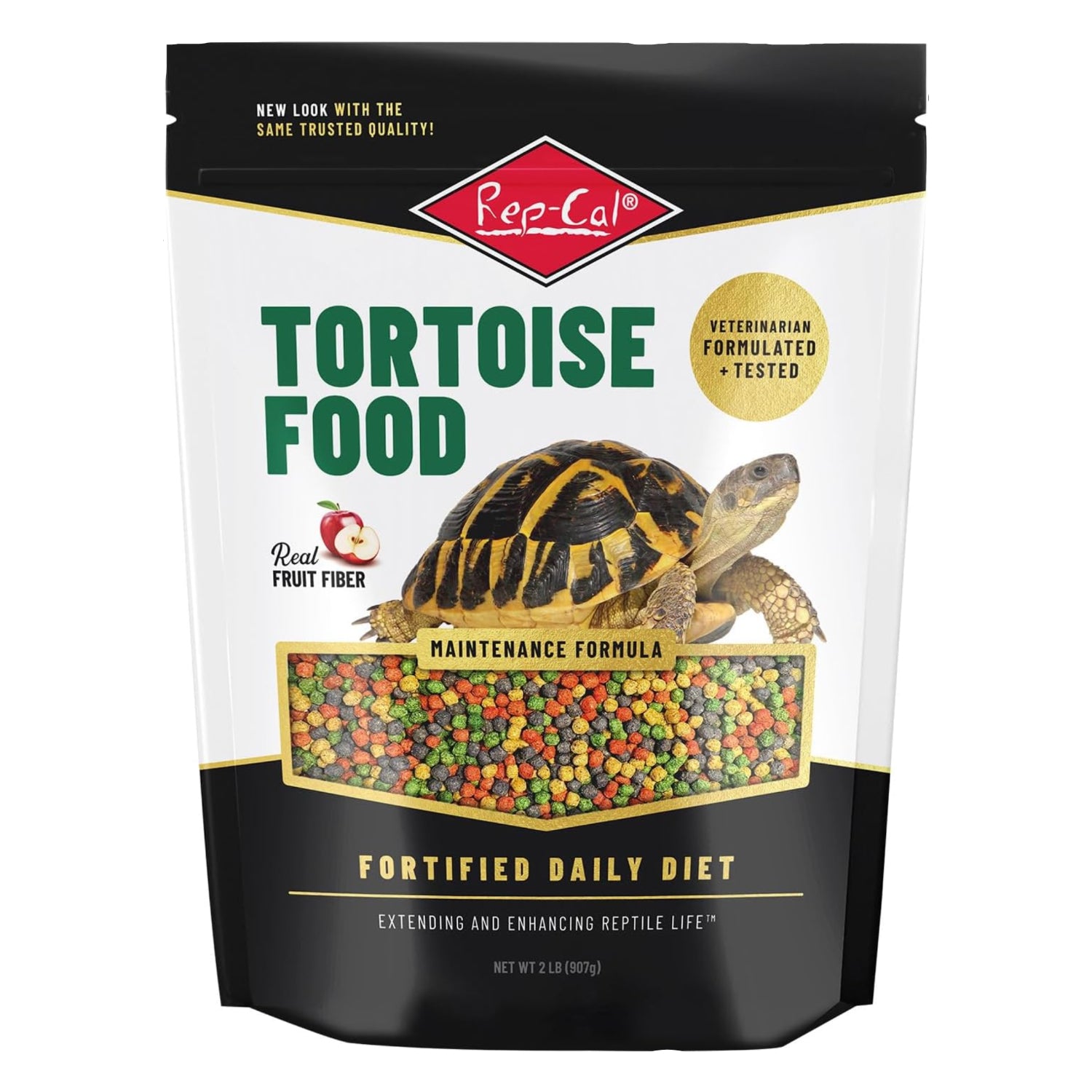 Rep-Cal Adult Tortoise Food in a 2-pound bag, showing the reptile diet with textured pellets for healthy tortoises.