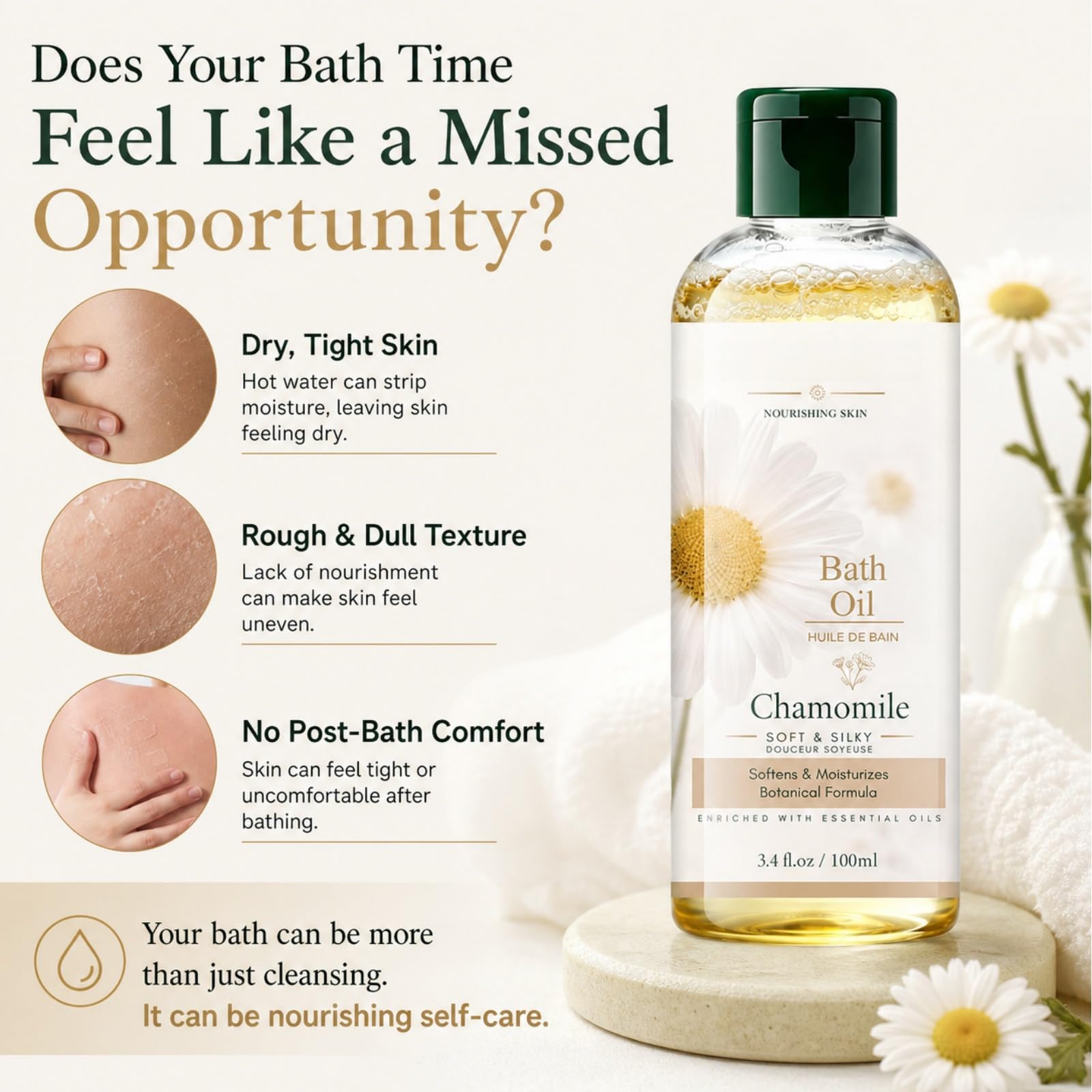 Chamomile Bath Oil, Moisturizing Body Oil for Bath Soaking, Hydrating Bath Oil for Dry Skin, Lightweight, Non-Greasy Silky Nourishing Spa Body Oil for Men & Women, 3.4 fl oz / 100ml