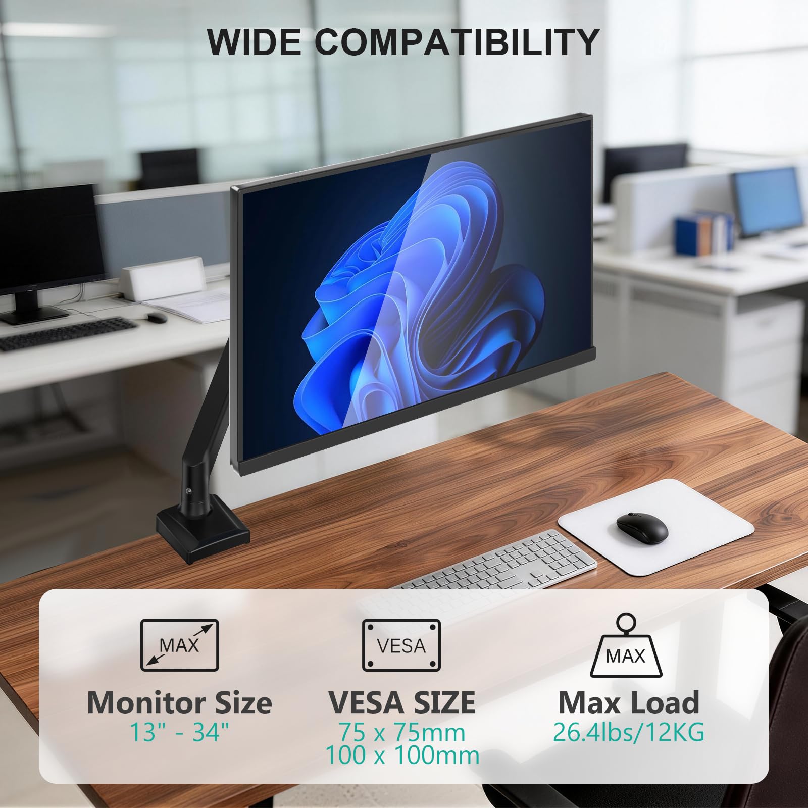 WALI single monitor mount for 13-34 inch screens, black adjustable arm, VESA compatible for desks.