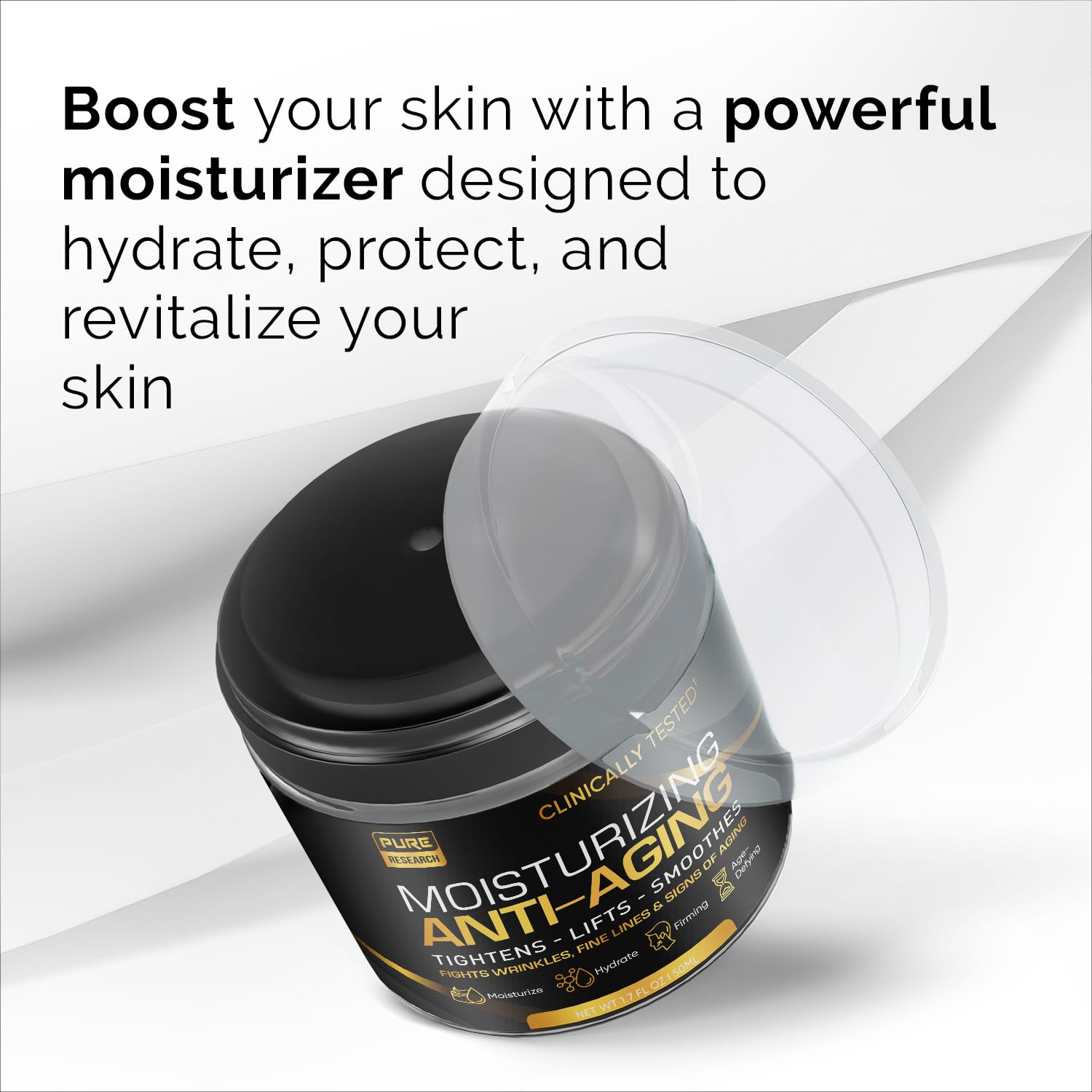 Men's face cream moisturizer by PURE RESEARCH, anti-aging collagen cream in a jar, designed for hydrating and reducing wrinkles.