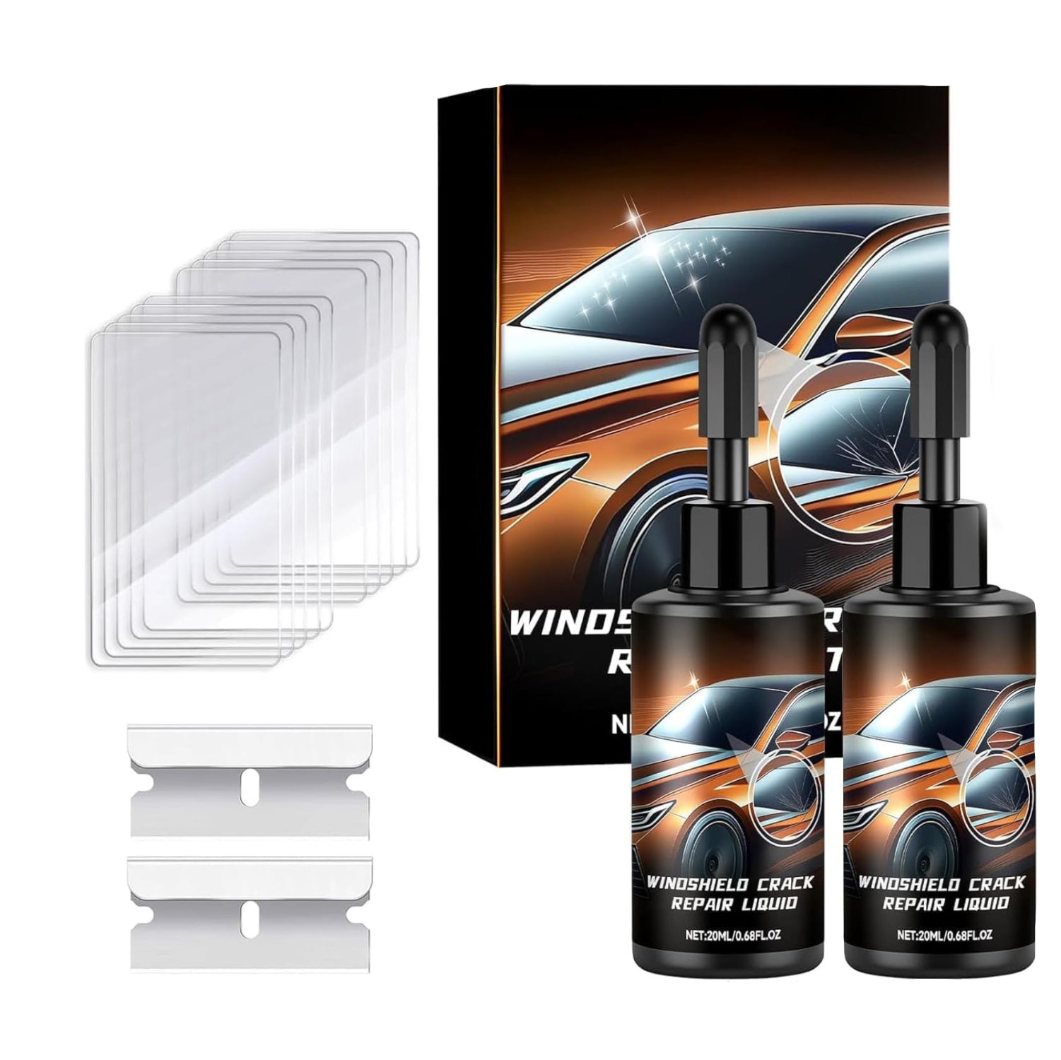 Two-piece windshield crack repair kit with glass repair liquid for fixing chips, cracks, and chips on windshields, windows, and mirrors.