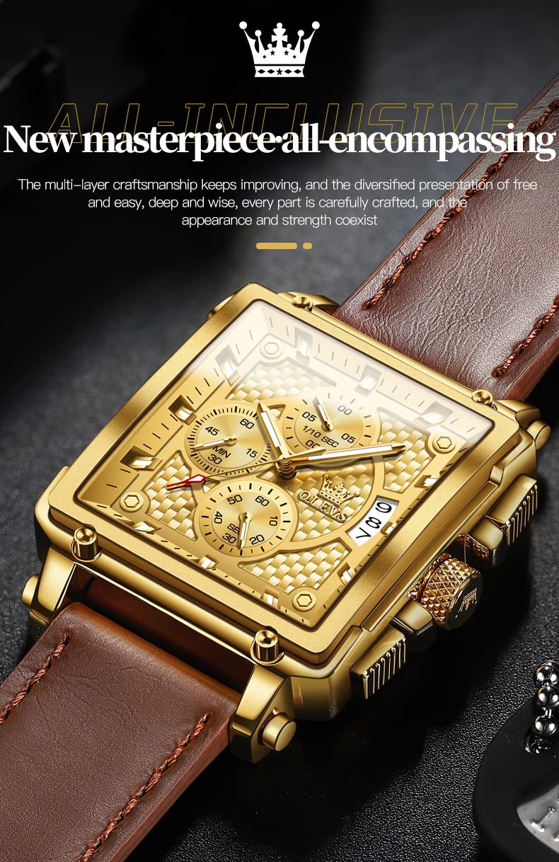OLEVS Men's Square Chronograph Watch Brown Leather Gold Dial