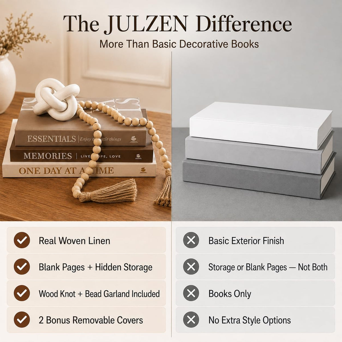 5Pcs Set 3 Linen Decorative Books for Home Decor Wood Knot - JULZEN Official Imagery - 8