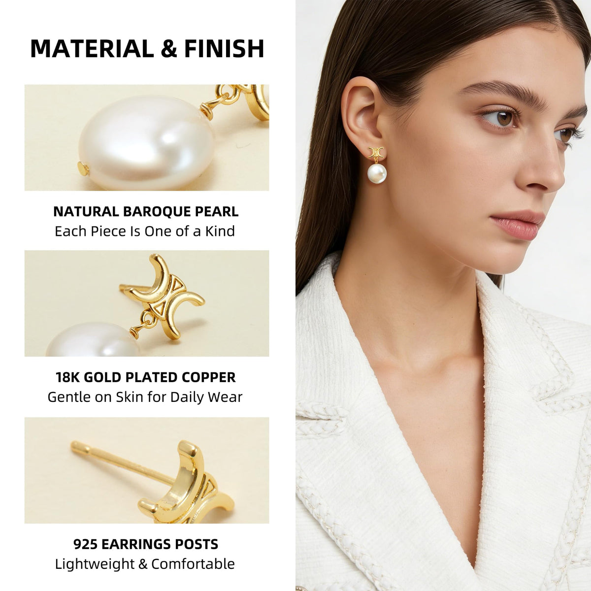 Baroque Pearl Drop Earrings for Women Gold Modern Stud 18K - IDOKAWA Official Imagery - 6