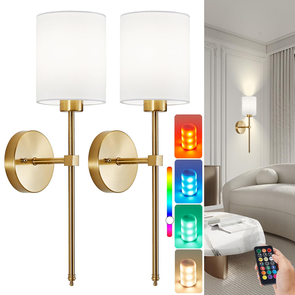 Battery Operated Wall Sconce Set of 2 Brushed Gold - A1A9 Official Imagery - 2