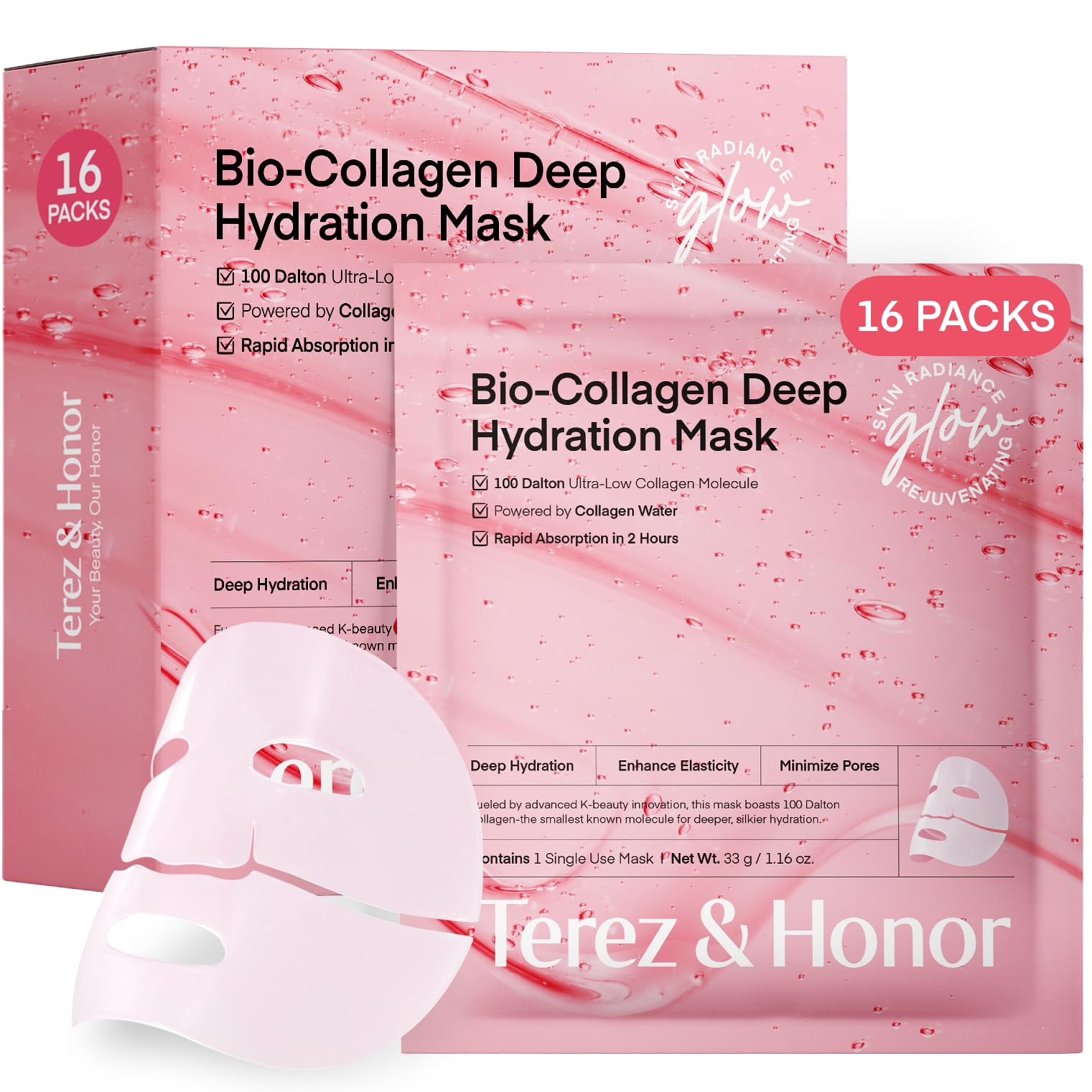 TEREZ & HONOR Real Deep Bio Collagen Face Mask - 8 x 33g Korean Hydrogel Overnight Masks for Deep Hydration, Glowing, Pore Minimizing, Elasticity, Fragrance-Free, 100 Da Ultra-Low Molecular Collagen - TEREZ & HONOR Official Product View 8