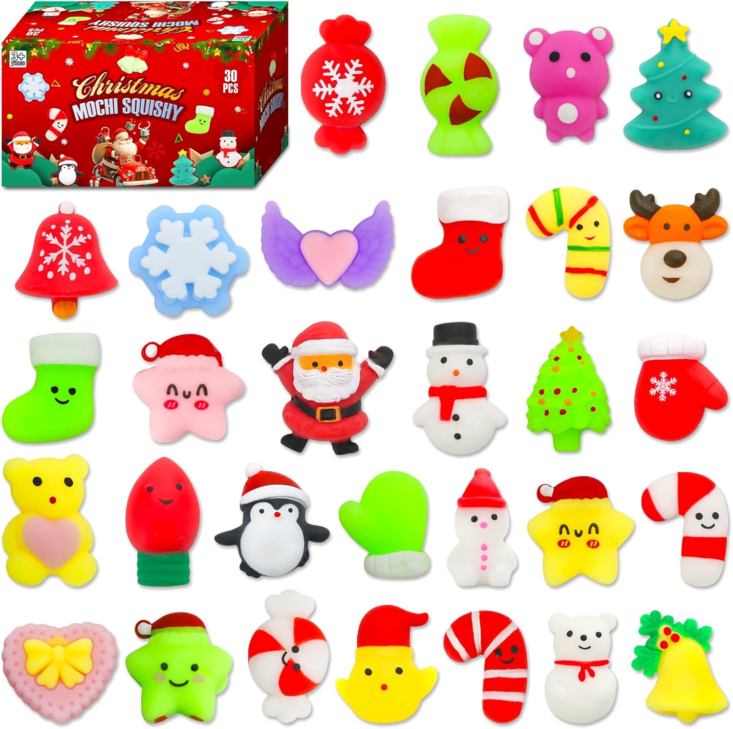 Set of 30 Mantyplay kawaii squishy toys in various fun shapes, perfect party favors for kids aged 4 to 12.