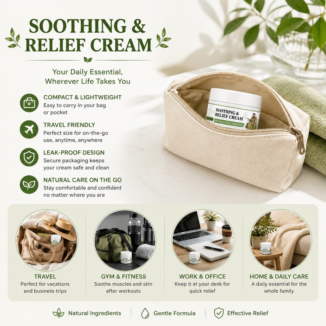 LFuTPm Smoothing Relief Cream with honeysuckle, arnica, and MSM in 1oz jar, designed to soothe and hydrate skin.
