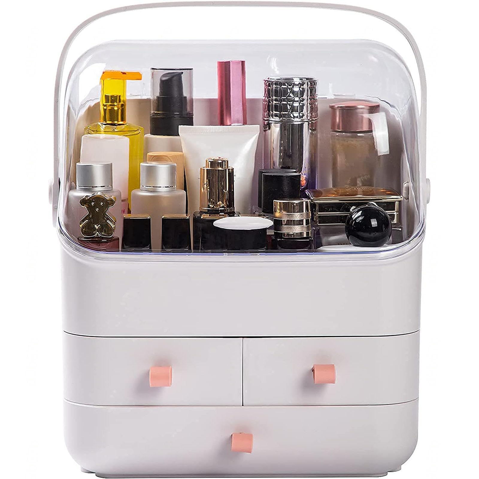VIDECOR waterproof makeup organizer caddy with compartments, white, for bathroom, dresser, or bedroom storage.