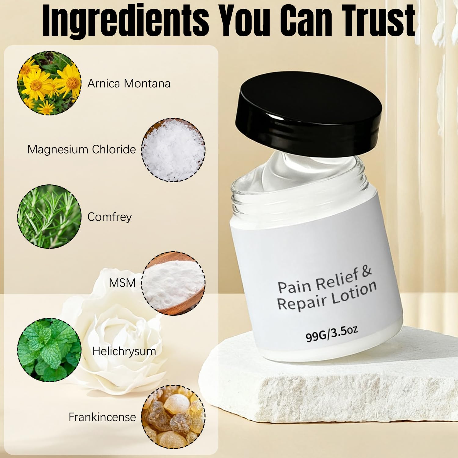 SereniMist Mira Relief Lotion, magnesium and arnica cream, in a 71g jar, moisturizing and soothing skin relief.