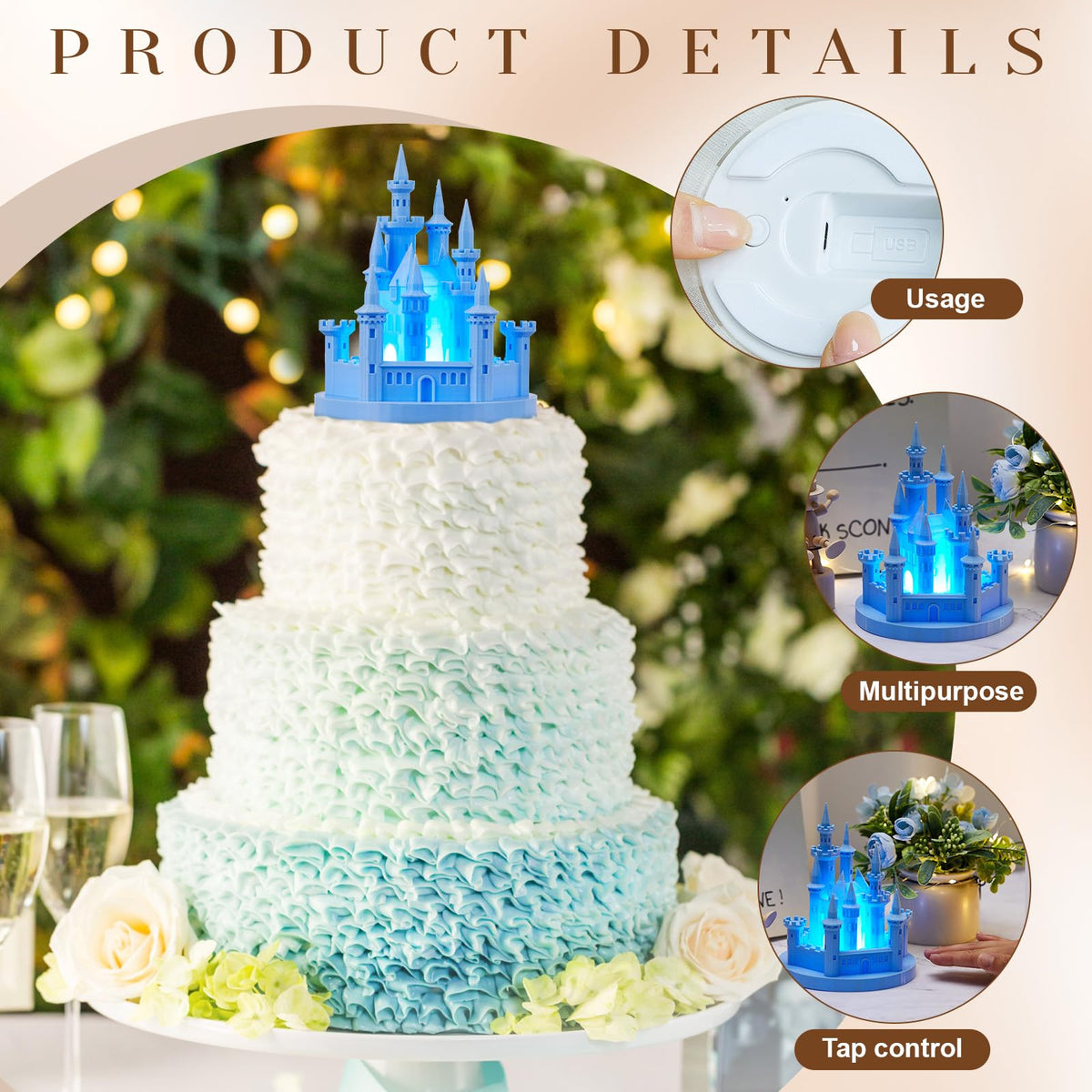 4 8 3D Princess Castle Cake Topper with Nightlight Blue - Baquler Official Imagery - 4