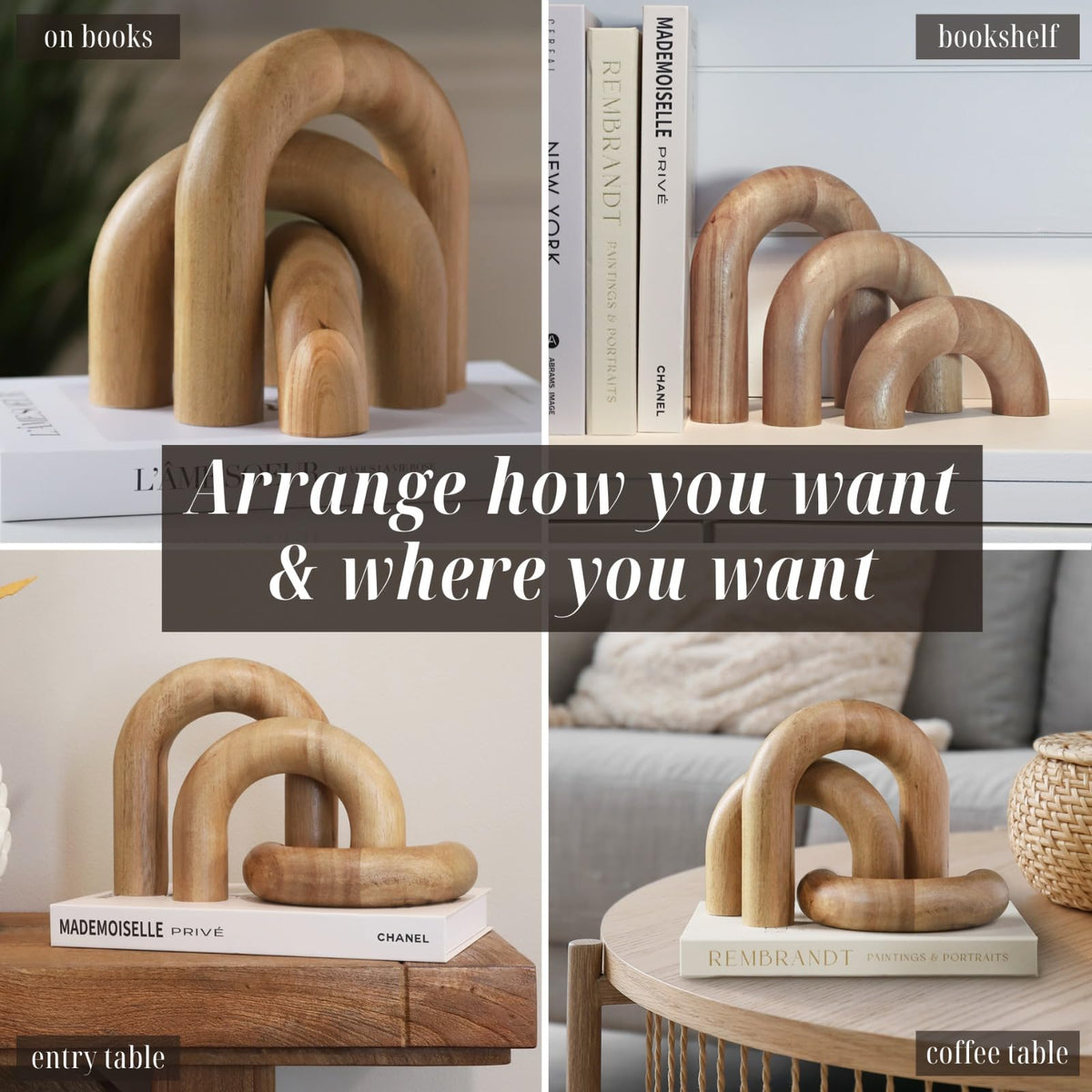 Wooden Arch Decor Set of 3 Acacia Wood Modern Decorative - Product Elevations Official Imagery - 5