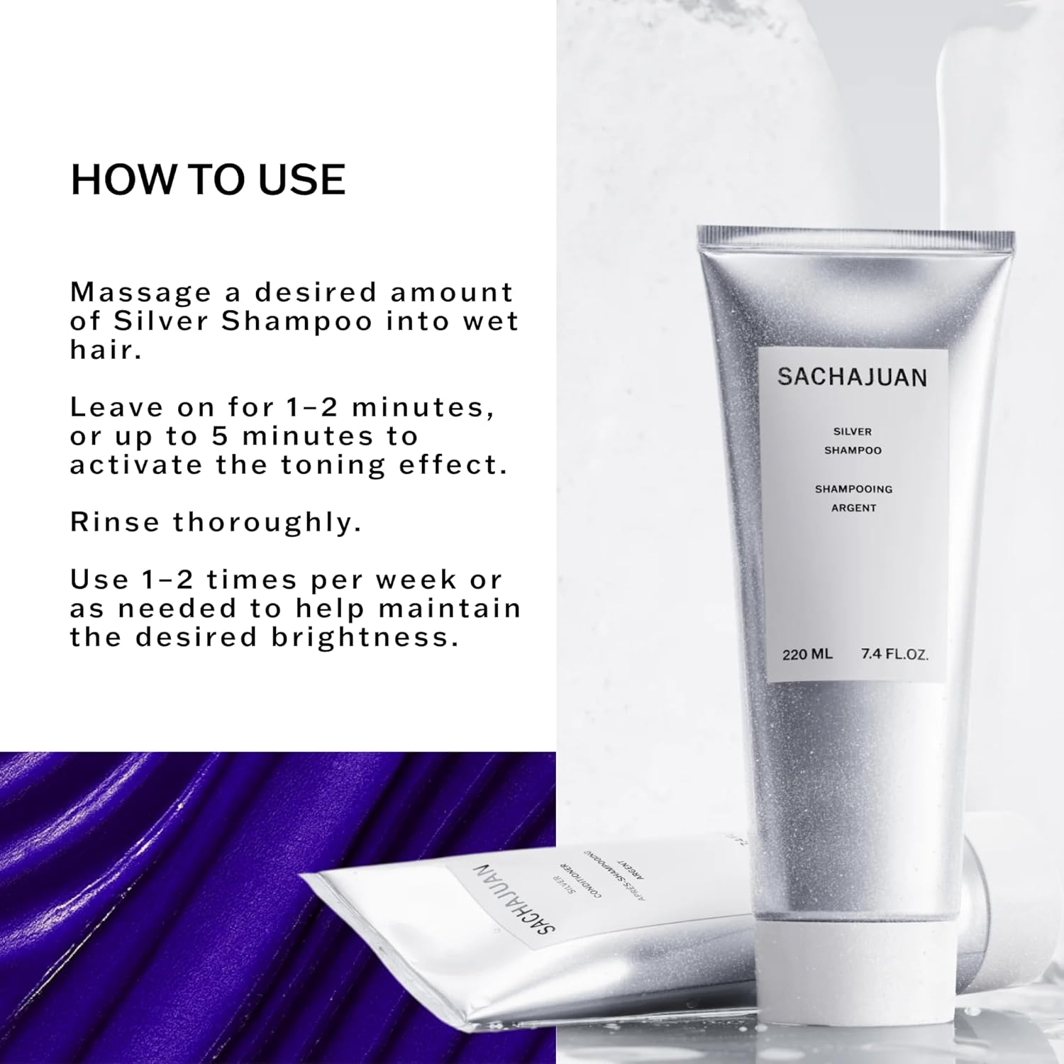 SACHAJUAN Silver Shampoo bottle for blonde and gray hair, featuring purple-toned formula to neutralize yellow tones.