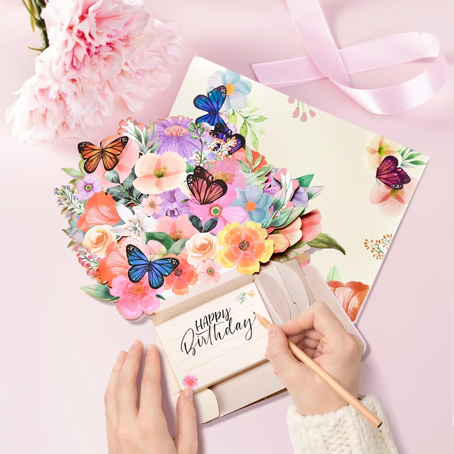 Light and music birthday card by Yinqing featuring lilies and butterflies, 10-inch greeting card with colorful floral design.