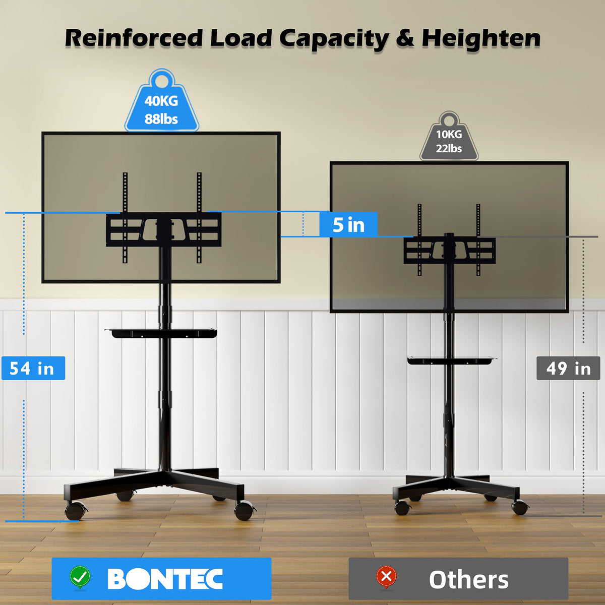 BONTEC Rolling TV Stand with Tilt Mobile TV Stand Wheels for - BONTEC Official Imagery - 5