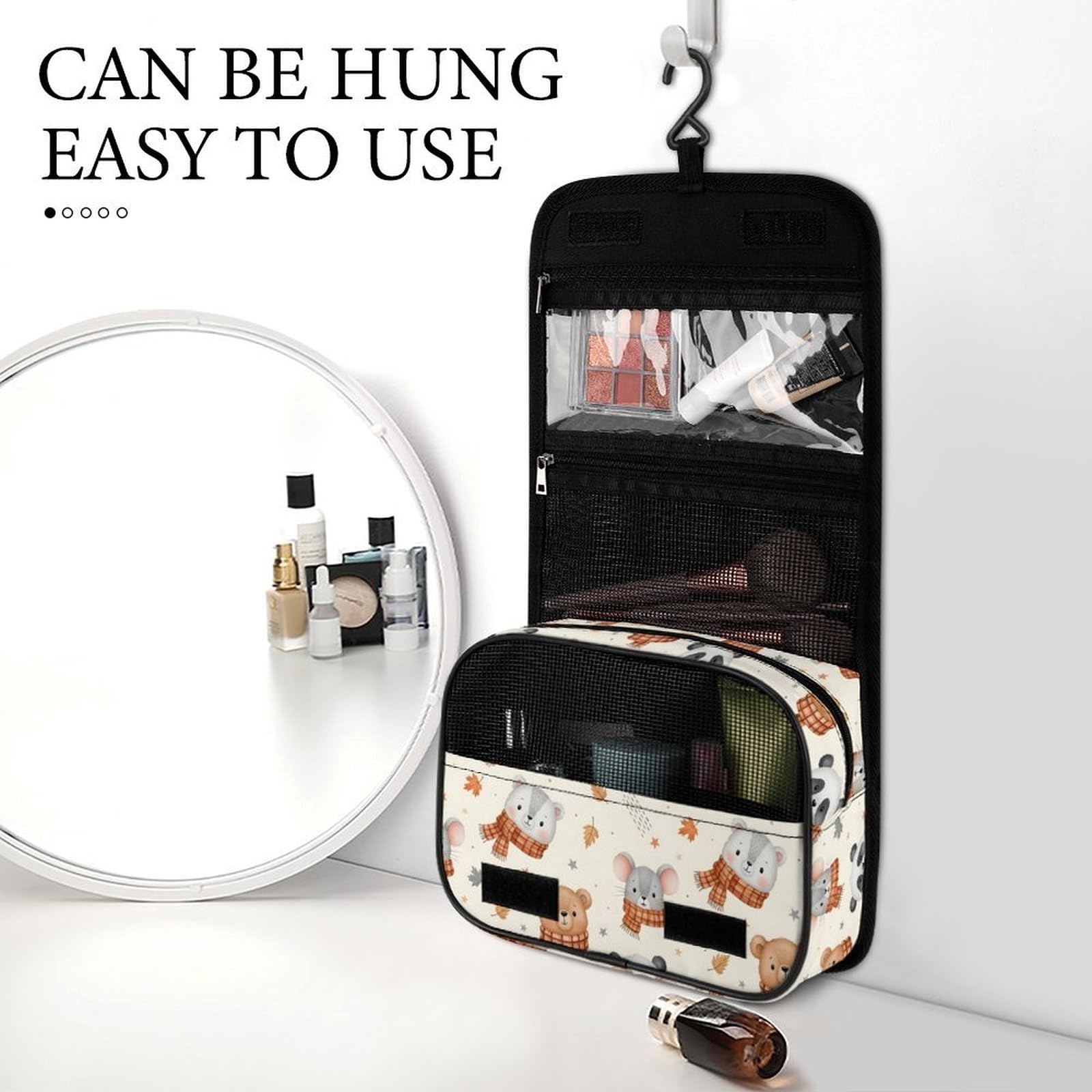 LSBJBBHDCB cute cartoon bear panda hanging toiletry makeup bag with scarf, sturdy hook, travel organizer, and cosmetics storage.