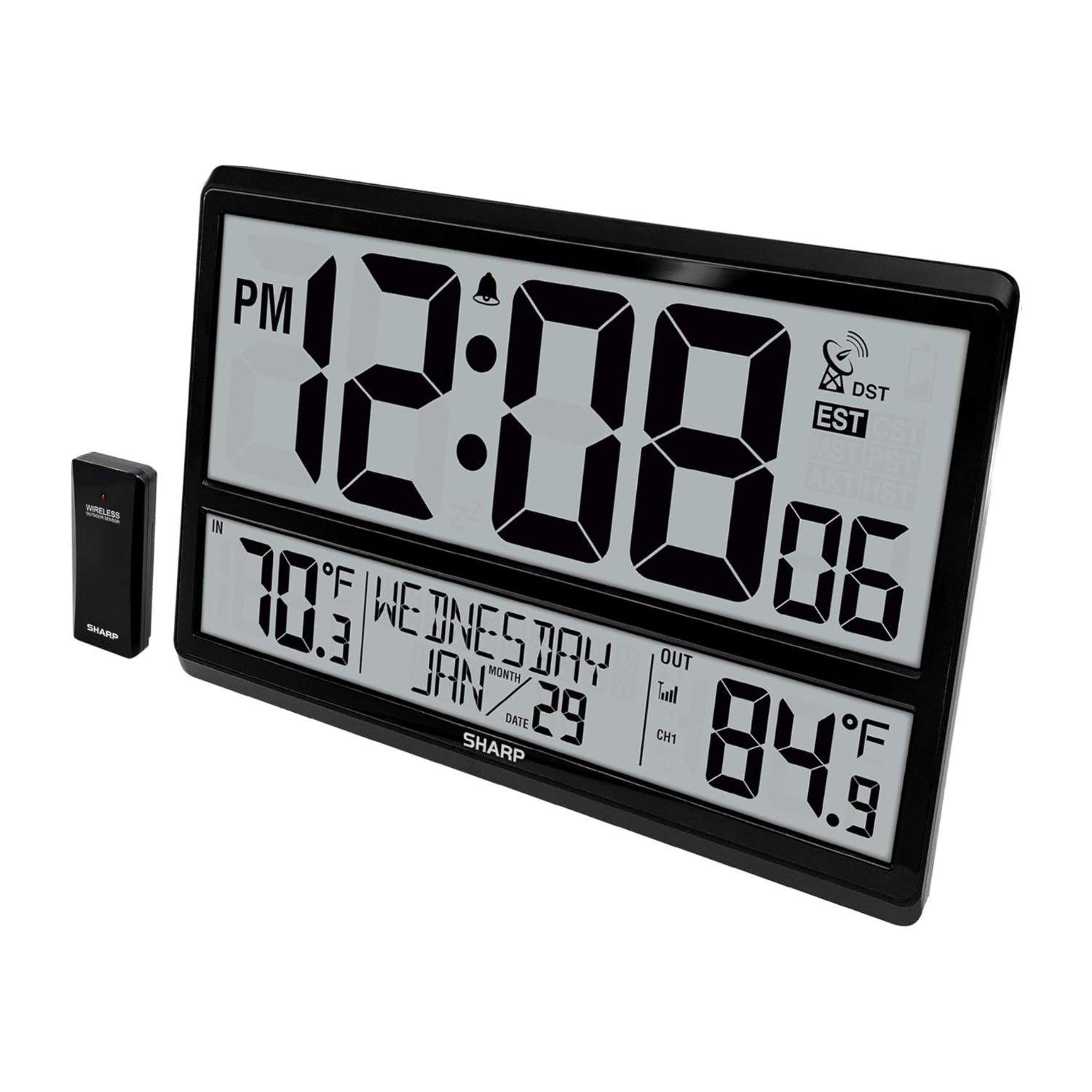Sharp Atomic Clock with easy-to-read numbers, showing indoor and outdoor temperature and time, never needs setting.