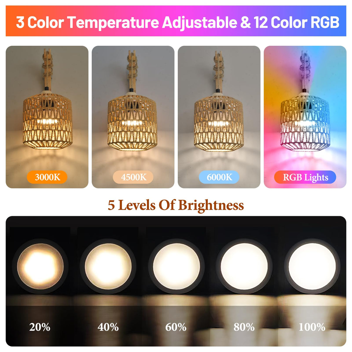 Boho Woven Rattan Cordless Wall Sconce Set of Two Natural - NOVCAND Official Imagery - 3