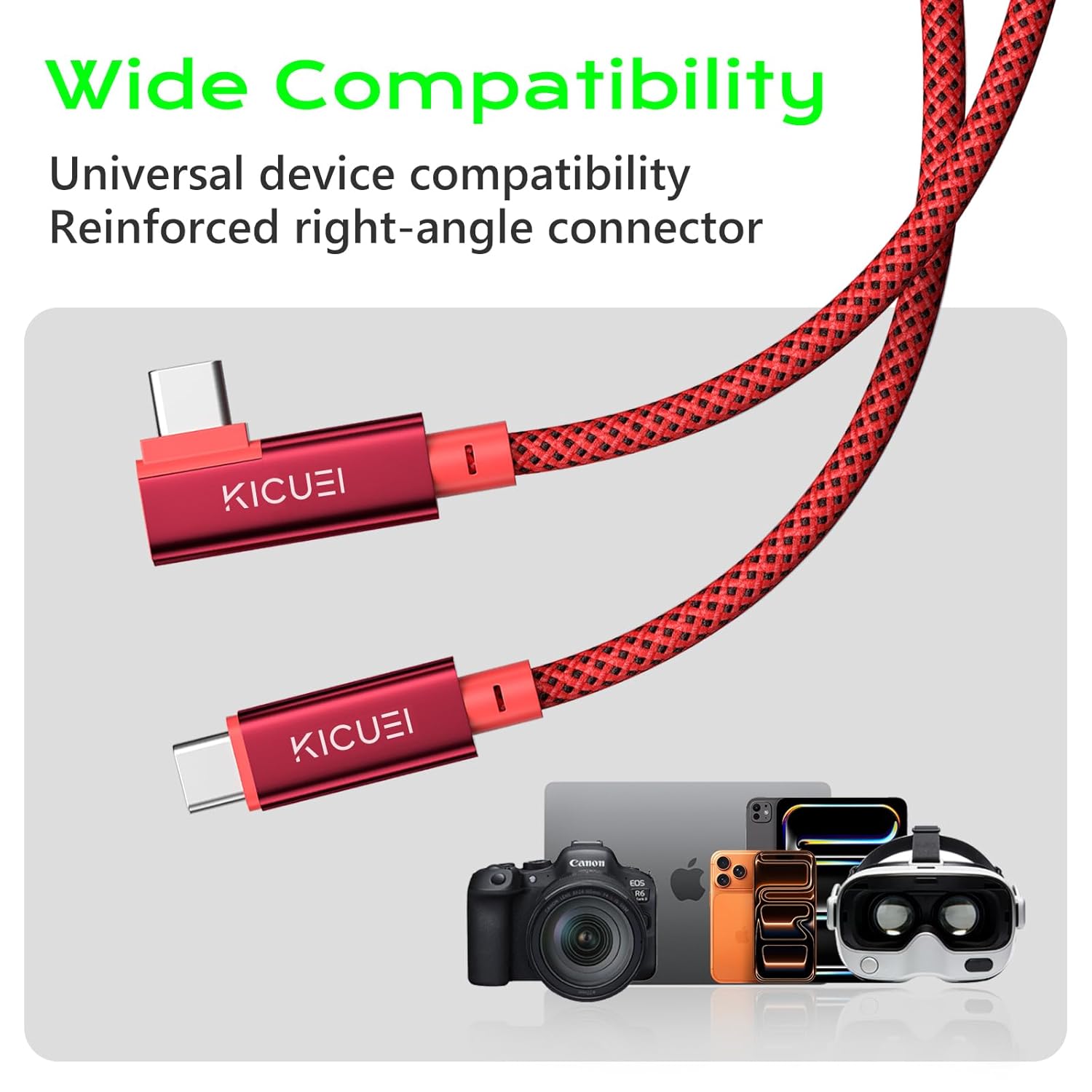 KICUEI USB-C to USB-C tethering cable, 10ft, right angle design, ideal for fast 20Gbps data transfer in photography setups