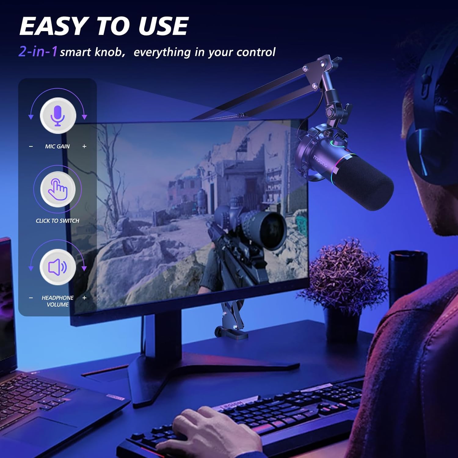 MAONO XLR/USB dynamic podcast microphone kit with RGB lighting and software, ideal for streaming and recording vocals.