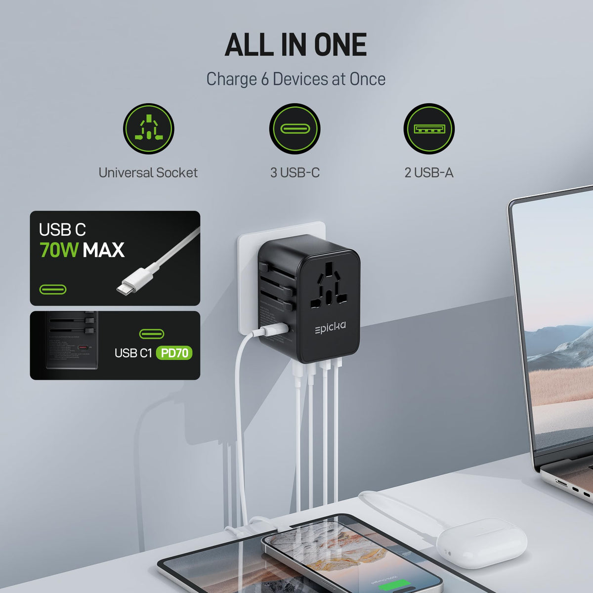Epicka 70W GaN PD Universal Travel Adapter 3USB C 2USB A - EPICKA Official Imagery - 4
