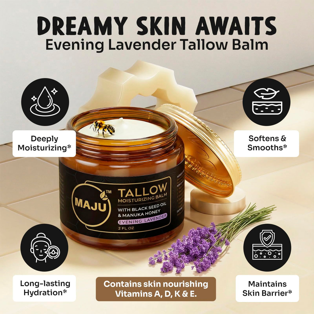 MAJU Tallow Honey Balm Evening Lavender Grass Fed Beef - Maju Superfoods Official Imagery - 4