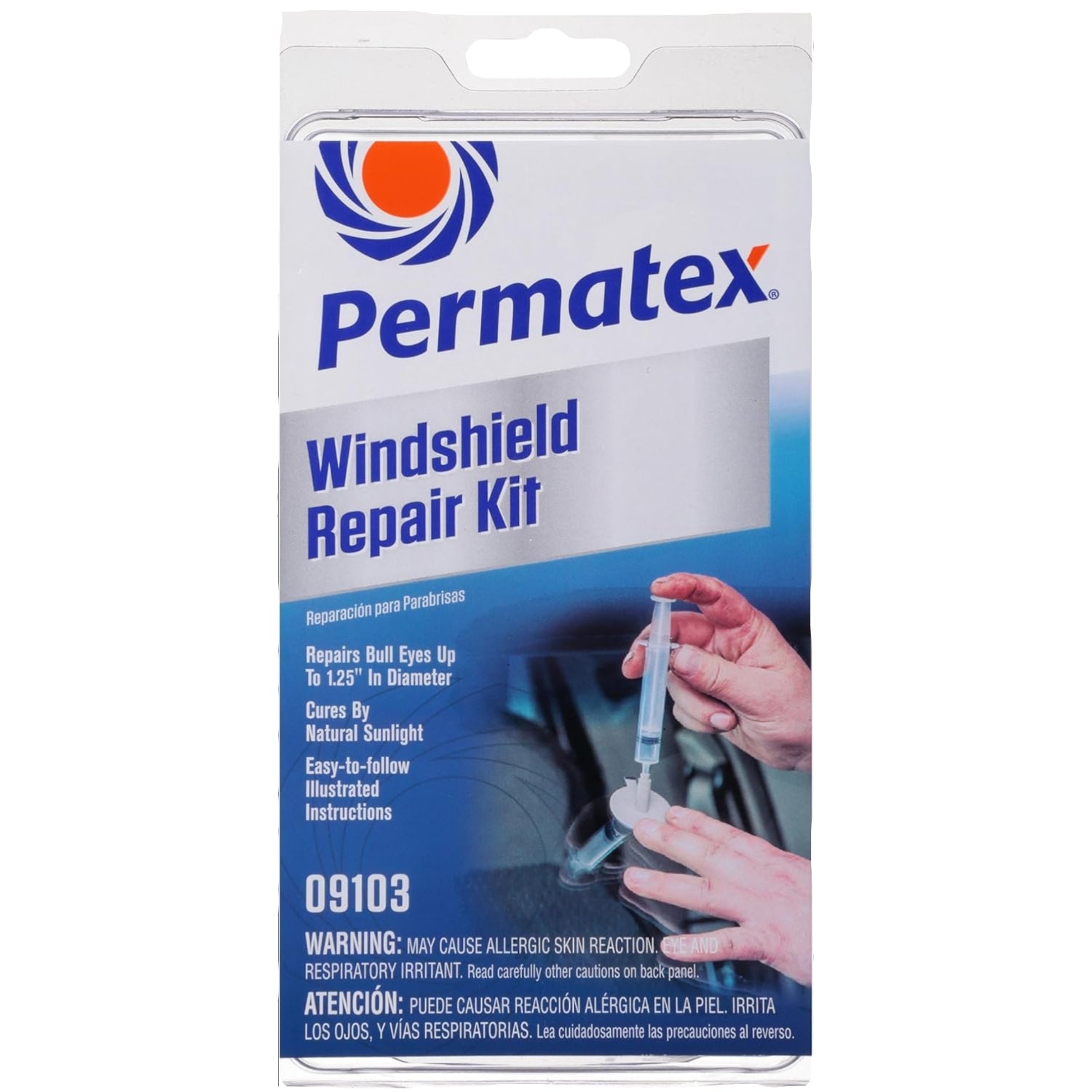 Permatex automotive windshield repair kit for chips and cracks, includes tools and resin for quick crack fixing.