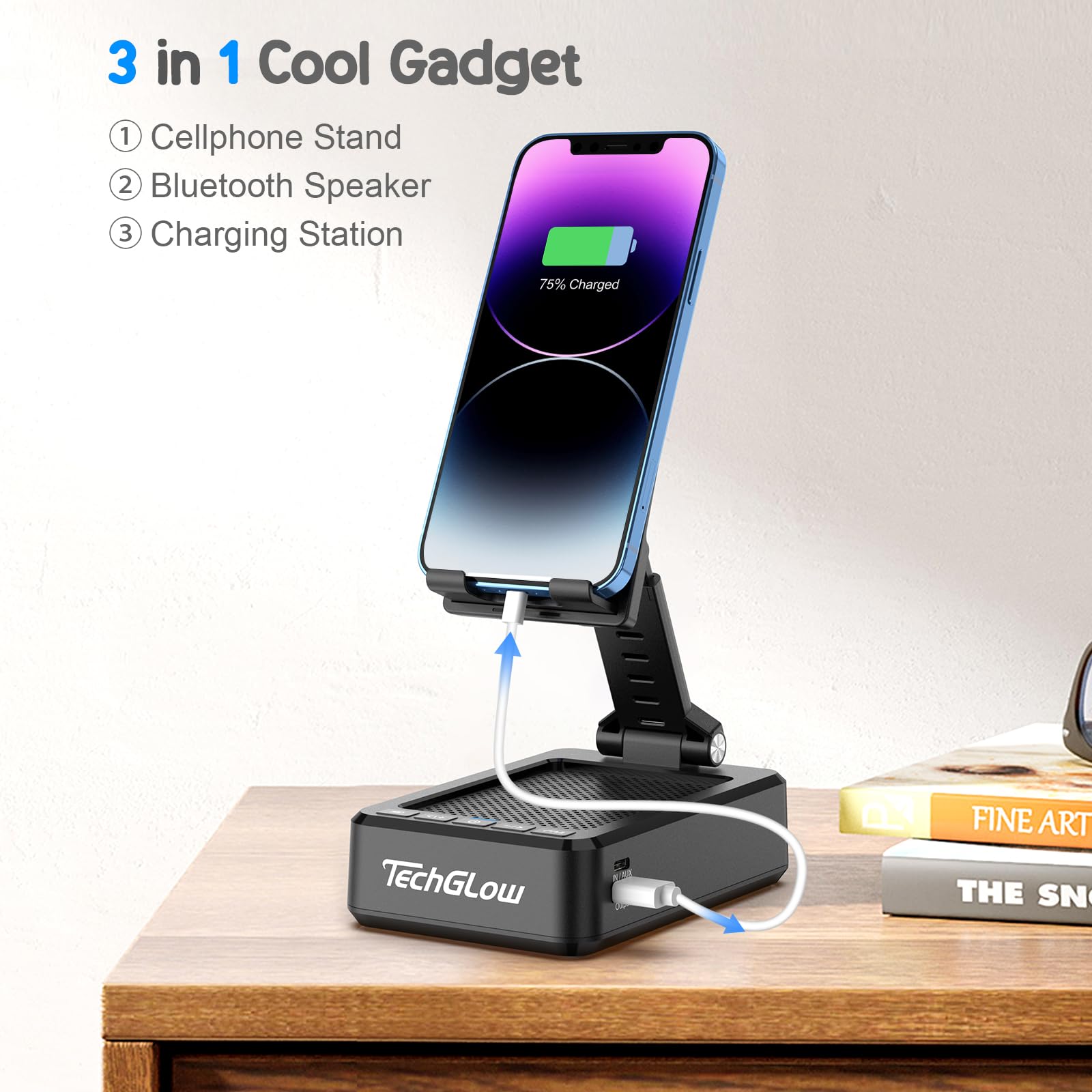 TechGlow Foldable Cellphone Stand with Bluetooth Speaker and Char - TechGlow Official Product View 2