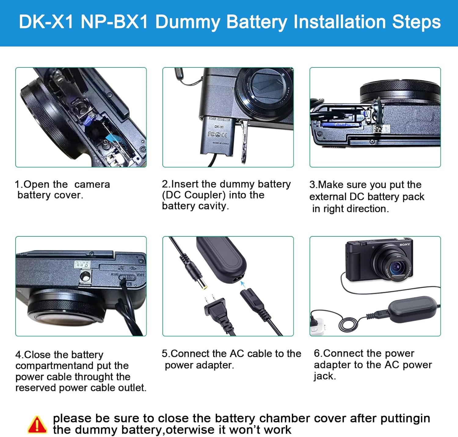 Gonine ZV1 NP-BX1 dummy battery for Sony cameras with AC-LS5 continuous power supply, shown connected with power cable.