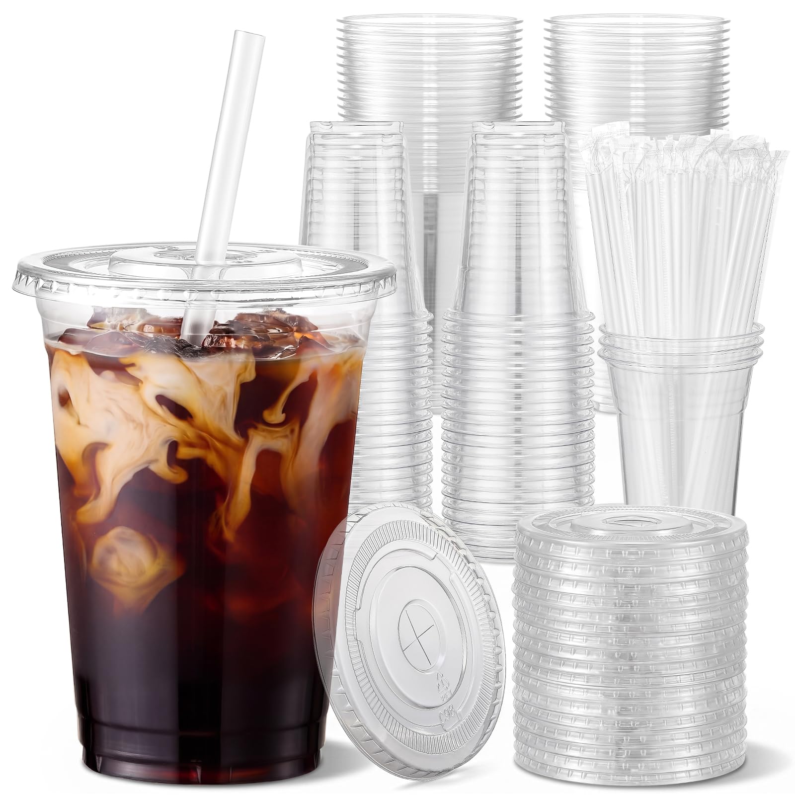 VITEVER [100 Sets - 16oz] Clear Plastic Cups with Lids and - Product Imagery